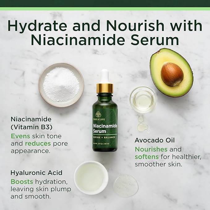 Tree of Life Niacinamide Serum For Face (Vitamin B3) - Pore Tightening Face Oil with Hyaluronic Acid & Vitamin E for Uneven Tone & Sensitive Skin - Dermatologist Tested, 2 Fl Oz - Mothers Day Gifts