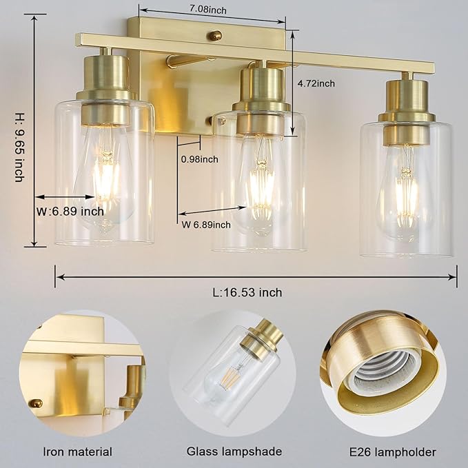 3-Lights Gold Bathroom Light Fixture, Brushed Brass Vanity Light with Clear Glass Shade, Modern Bath Wall Lights for Living Room, Hallway, Bedroom