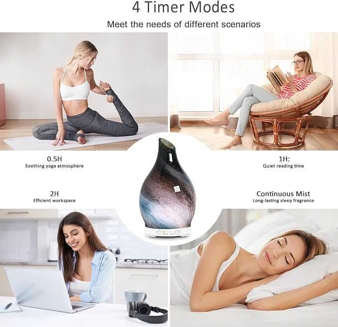 Essential Oil Diffuser 150ML Glass Aromatherapy Diffuser with 4 Timer Settings & 7 Color Changing Lights, Auto Shut-Off, Ultra Quiet Oil Diffuser for Home, Office, Yoga, Spa and Sleeping