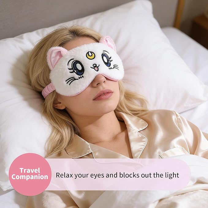 PERFECTSIGHT Sleep Eye Masks, Cute Cat Sleep Eye Cover Lightweight Adjustable Eyeshade Mask Cover for Women Men Sleep Travel Nap, Pink+White Kitty