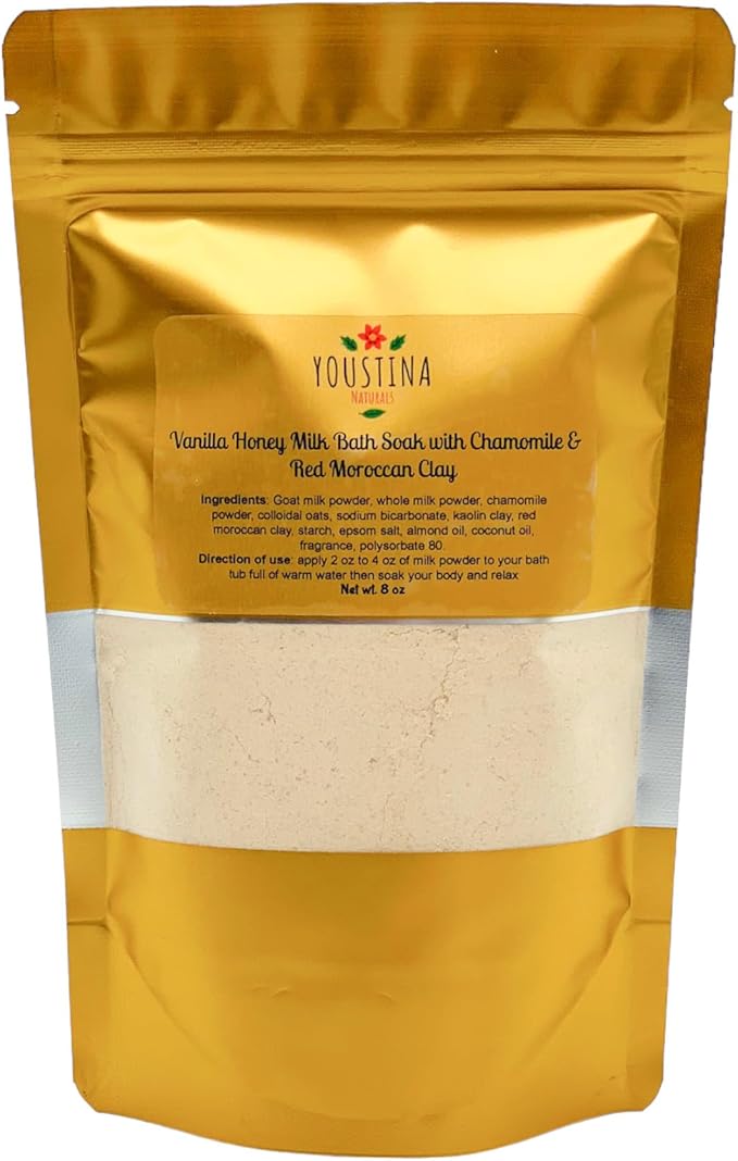 Milk Bath Powder Soak for Skin with Goat Milk, Moroccan Red Clay, Chamomile and Scented with Vanilla Honey 8 oz by Youstina Naturals