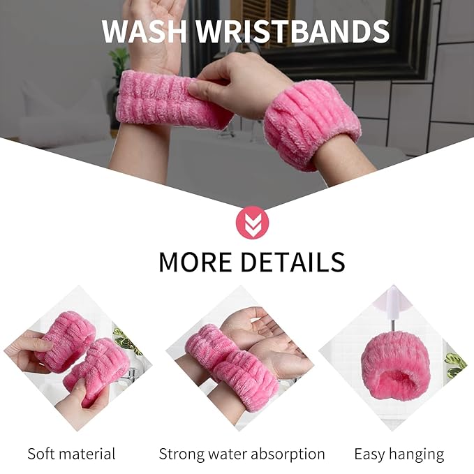 16pcs Skincare Headband Set, Headband Set for Face Washing Spa and Makeup, Including 1 Hairband, Wristband, 3 Hair Claw Clips and 10 Hair Ties, with Box, Gift for Women and Girls, Rose Red