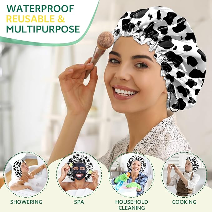 2 PCS Shower Cap Waterproof Double Layer Elastic Adjustable Reusable Hair Bath Caps for Girls Women Cute Aesthetic-Black