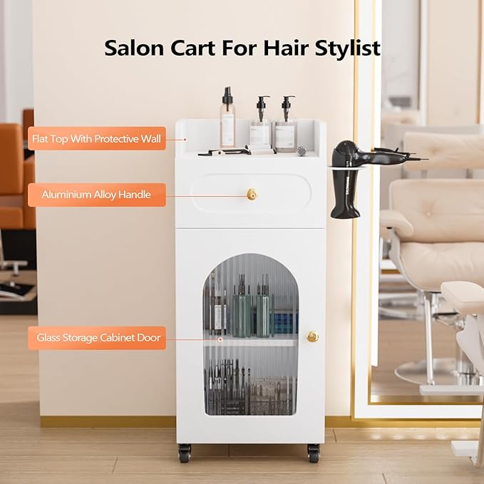 OmySalon Salon Cart with Wheels, 3-Tier Rolling Beauty Cart with Glass Door & Dryer Holder, Mobile Hair Styling Station for Barber, Spa, Esthetician, Nail & Tattoo Artists, Lockable Storage, White