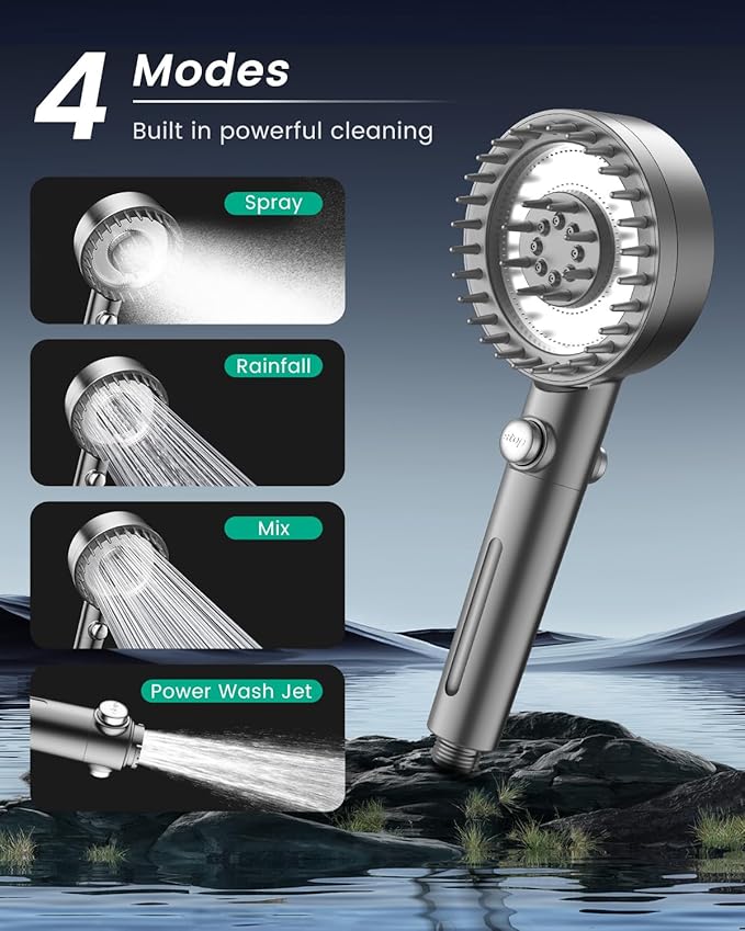 Ion Drops Filtered Shower Head with Handheld, High Pressure 4 Spray Mode Showerhead with Filters for Hard Water Softener, Handheld Shower Heads Filter with ON/OFF Switch for Pets (Gray)