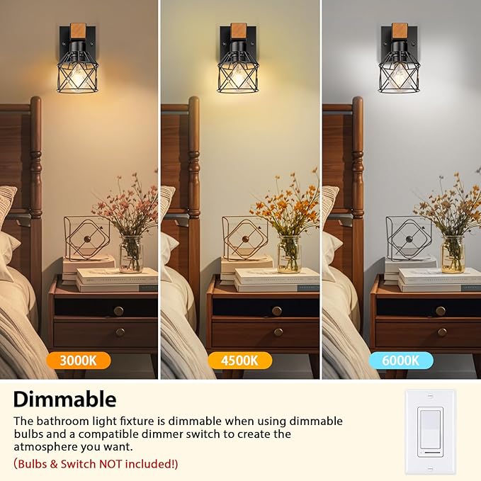 Wall Sconces Set of Two, Farmhouse 1-Light Matte Black Vanity Lights for Bathroom, Rustic Wooden Bedside Hardwired Wall Mounted Lamp with Metal Cage for Hallway, Living Room, Mirror, Kitchen