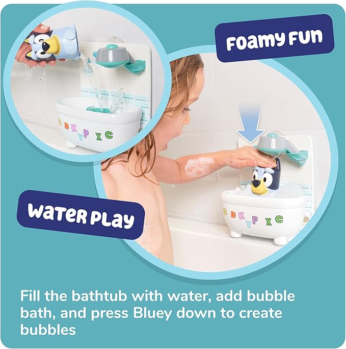 Shower & Scrub Bluey by TOMY Toomies - Create Your Own Bubbles - Includes Rinsing Showerhead and Removable Bluey Toy - Interactive Bath Toys - Ages 18 Months and Up