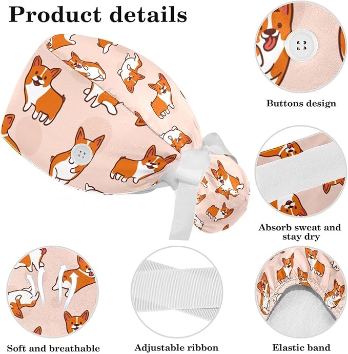 Adjustable Brown Dachshund Dog Blue Surgical Scrub Cap with Button,Sweatband for Women with Bow Hair Scrunchy