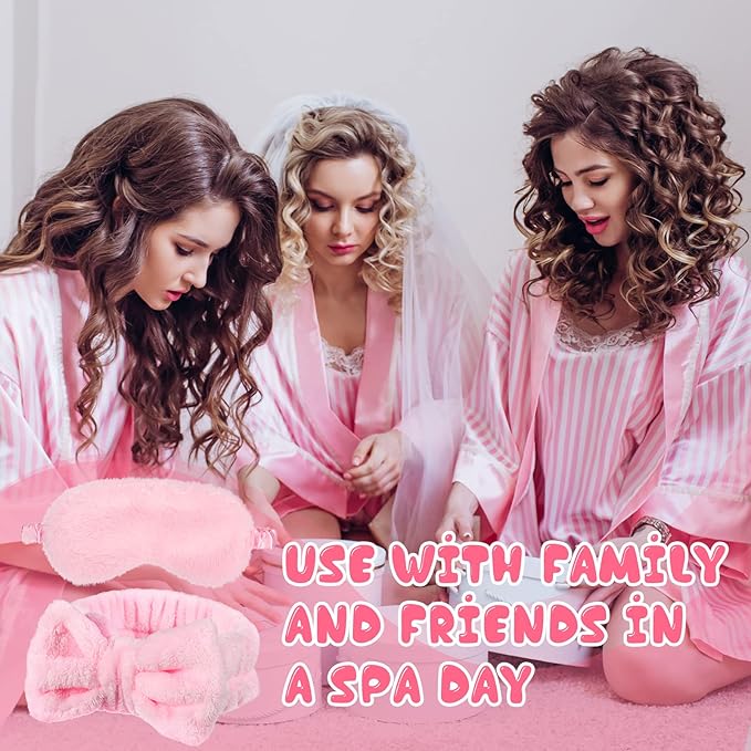Jexine 24 Pcs Spa Slumber Party Headband Plush Sleep Eye Mask Bulk Bow Hair Band Makeup Headband for Sleepover Birthday Party Supplies Graduation Mother's Day Gift(Pink)