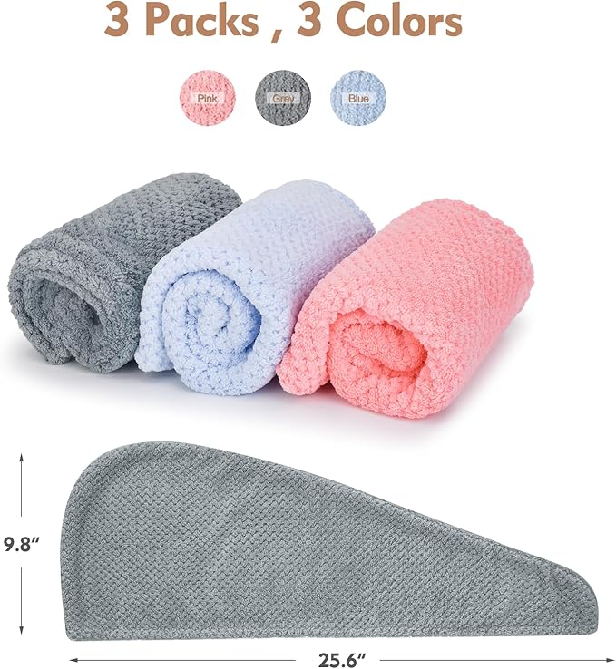 OEAGO Microfiber Hair Towel for Women: Gifts for Teen Girls Kids Girlfriends Wife Stocking Stuffers for Women Drying Wrap Towels for Curly Hair Head Accessories 3 Pacs Anti Frizz