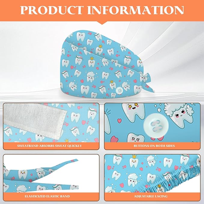 Adjustable Scrub Cap with Buttons & Sweatband, Working Hat with Elastic Tie Back, Unisex Nurse Surgical Caps for Women & Men
