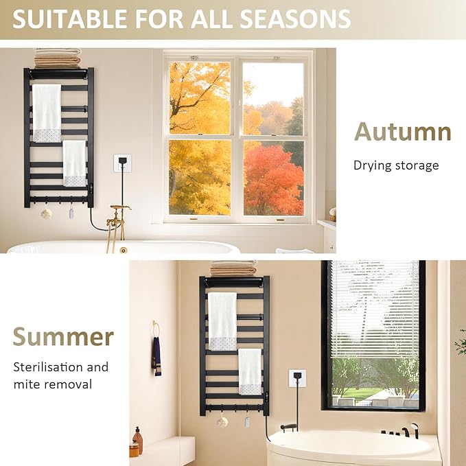 Heated Towel Rack for Bathroom Towel Warmer Racks Wall Mounted with Shelf,Timer & Temperature Multi-Level Adjustments with 10 Bars for Bathroom Shower Hot Tub(Black)