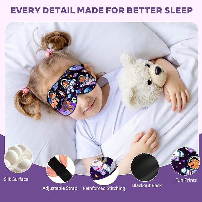 Kids Silk Sleep Mask: 100% Mulberry Silk Eye Mask with Adjustable Strap, Soft Blackout Boys Girls Sleeping Mask, Cute Printed Blindfold for Travel/School/Bed, Gift for Ages 5–15 (Space Dog Style)