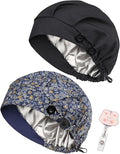 2 Pack Satin Lined Bouffant Scrub Caps with Buttons, Adjustable Scrub Caps for Women Men
