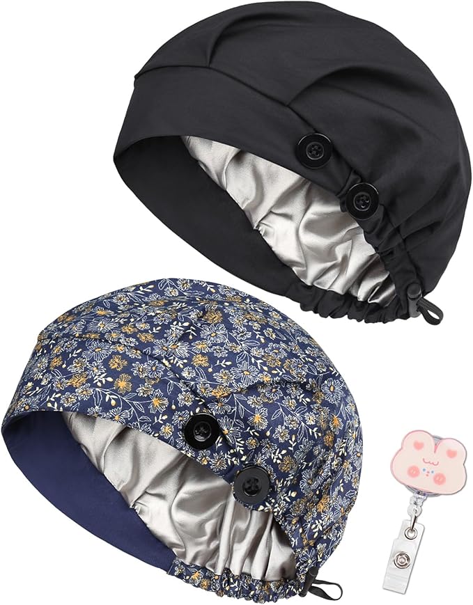 2 Pack Satin Lined Bouffant Scrub Caps with Buttons, Adjustable Scrub Caps for Women Men