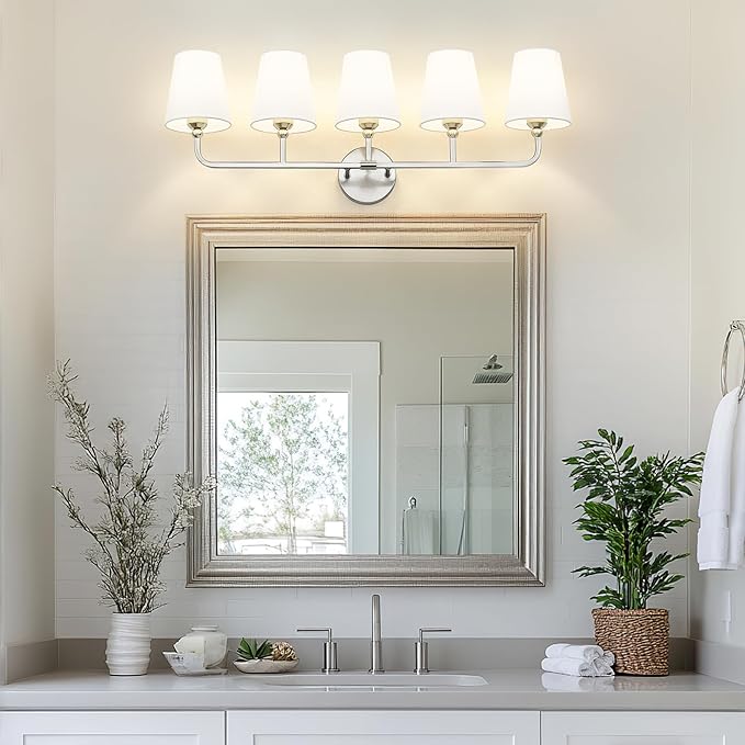 Bathroom Light Fixtures, 5 Light Brushed Nickel Vanity Lights with Flared White Fabric Shade, 35 Inch Wall Sconce, Modern Sconces Wall Lighting for Hallway Bedroom, VL837-BN-5