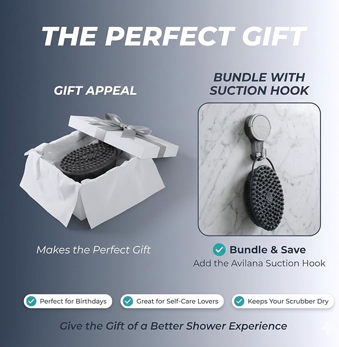 Avilana Silver Edition Body Scrubber and Face Brush Set - Silver-Ion Infused Silicone 2-in-1 Kit, ISO Tested Both Pieces, Stays Fresher Longer Gentle Exfoliating Sensitive Skin Women Men Gift Skincare