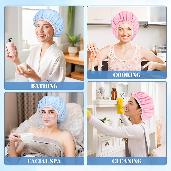 Pengxiaomei Double-Sided Shower Cap for Women, 2 in 1 Reusable Waterproof Bath Cap for Women Girls Long Thick Hair