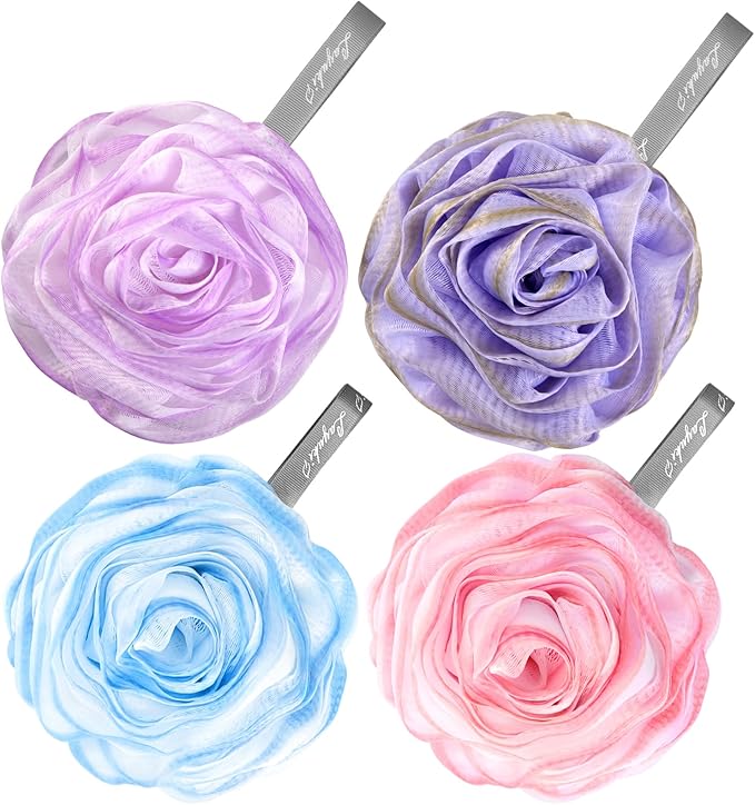 LAYUKI Bath Loofah, Shower Sponge, Body Scrubber, Rose-Shaped, Elegant (Set of 4 Pieces)
