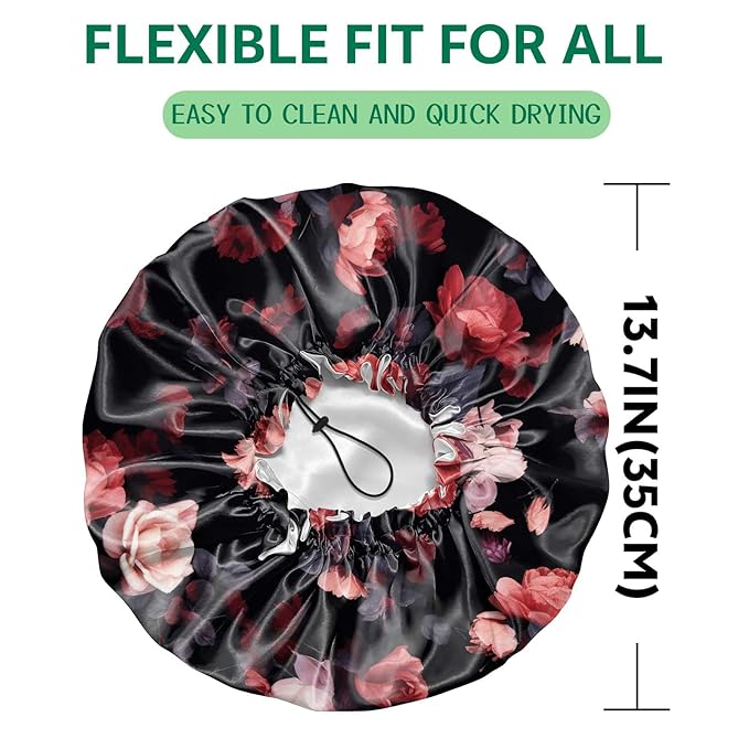 2 PCS Shower Cap Waterproof Double Layer Elastic Adjustable Reusable Hair Bath Caps for Girls Women Cute Aesthetic-Floral 1