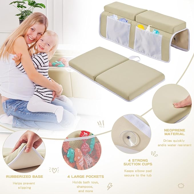 Baby Bath Kneeler and Elbow Rest Pad Set,Bath Kneeling Pad Thick Soft Quick Dry Bathtub Mat for Bathing Time,Baby Essentials Memory Foam with Toys Organizer Gifts for Parents,Khaki