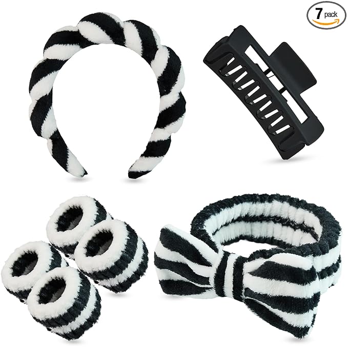 7 Pcs Spa Set, Facial Headband and Wristband Set, Skincare Accessories, College Style Girl Gift, Hair Accessories for Women and Girls（Black White Stripe ）