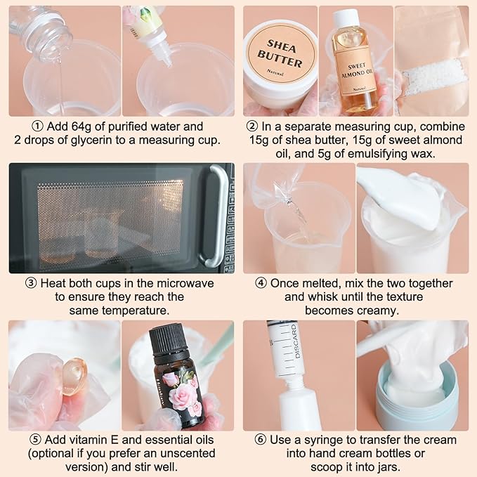 DIY Hand Cream Making Kit, JCOOS Handcream For Dry Hands, hand Lotion with Shea Butter, Almond Oil, Essential Oils Natural Whipped Shea Butter Body Butter Making Kit Valentine's Day gift for Women