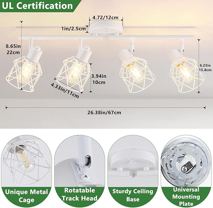 Baocuz 4-Lights Kitchen Light Fixtures Ceiling Mount, Adjustable Multi-Directional White Flush Mount Ceiling Light Fixture with Metal Cage, Modern Spot Ceiling Lamp for Hallway, Dining Room, Bedroom