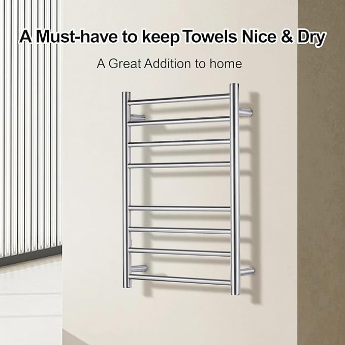Towel Warmer Polished Chrome for Bathroom Wall Mounted Drying Rack Plug-in Electric Heated Towel Rack Stainless Steel Round 8 Bars Bath Towel Heater with Single Press