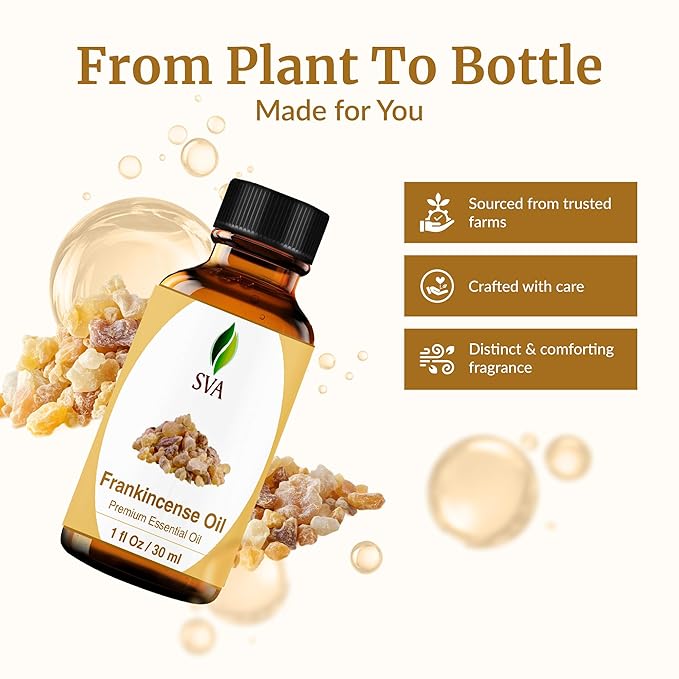 SVA Frankincense Essential Oil – 1 Fl Oz – 100% Natural Boswellia Carterii Oil - for Diffuser, Hair Care, Face, Skin Care, Aromatherapy, Scalp and Body Massage, Soap and Candle Making – with Dropper