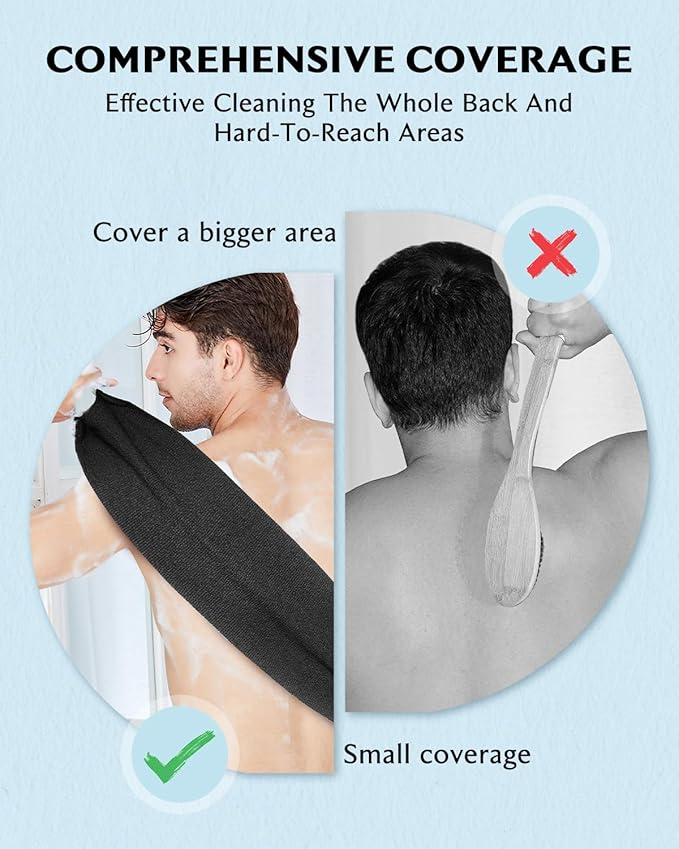 Evridwear Exfoliating Back Scrubber for Shower - Double-Sided Body Scrubber with Handles, Deep Clean, Massage & Exfoliate Back Washer for Men & Women, Invigorates Skin & Circulation (Black)