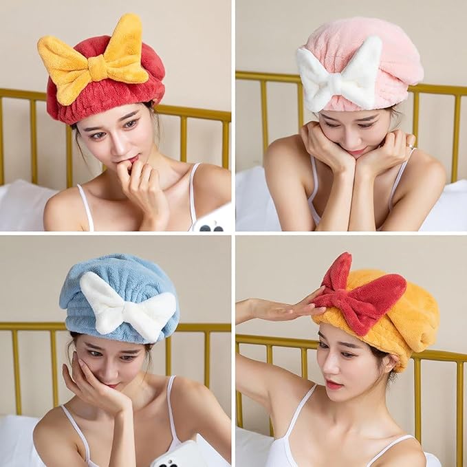 2Pcs Microfiber Hair Drying Cap,Ultra Absorbent Hair Towel Wrap Turban for Girls Women Soft Quick Dry Hair Towels with Bow Tie Shower Cap for Kids (Pink+Blue)