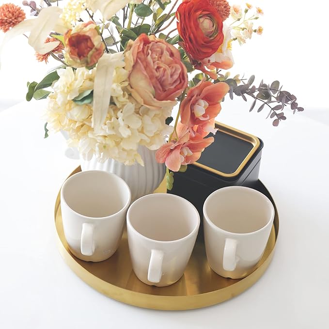 FREELOVE Metal Round Decorative Tray, Perfume Jewelry Candle Organizer for Desk Vanity Countertop Bathroom Dresser Storage, Serving Platter for Kitchen Dinning Coffee Table, Brass Gold, 12 inch