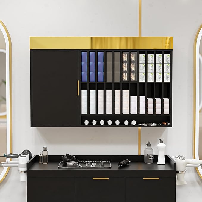 OmySalon Hair Color Organizer Rack, Professional Wall Mounted Salon Station, Barber Storage Cabinet with Adjustable Shelves, Hair Dye Tubes Display for Beauty Spa, Barbershop, Black