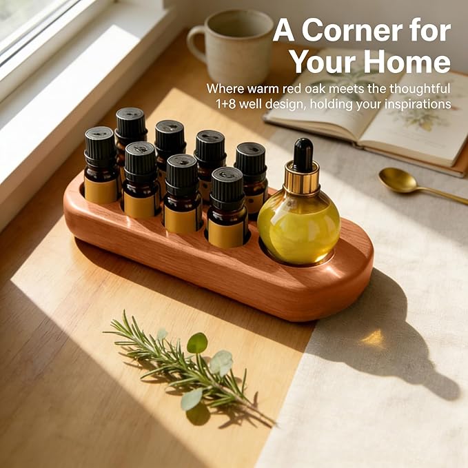 VolksRose 5~100ml 9 Holder Wooden Essential Oil Organizer - Storage Rack with Stickers - Elegant Travel & Display Stand for Essential Oils, Nail Polish, Perfume, Compact Shelf for Tabletop