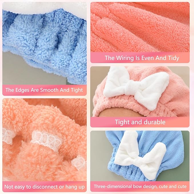 4Pcs Super Absorbent Hair Towel Wrap for Wet Hair, Microfiber Hair Towel Wrap Quick-Drying Thickened Hair Towels, Soft Bow Tie Wet Hair Towels Wrap for Women Girls (Pink+Blue+Yellow+Red)
