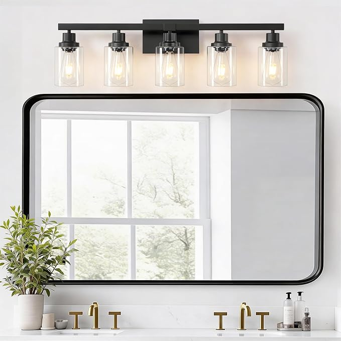 5-Light Black Bathroom Vanity Light, Modern Vanity Lighting Fixture for Bathroom, 31" Matte Light Fixture, Wall Sconces with Clear Glass Shade, Black Bathroom Wall Light Over Mirror