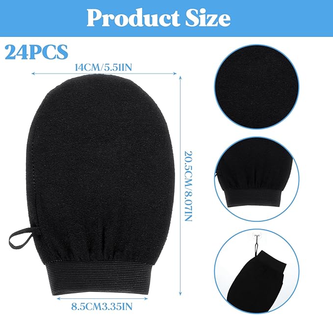 24 Pcs Black Exfoliating Gloves Bulk, Deep Exfoliating Glove for Body Scrub, 150D Viscose Fiber for Dead Skin Remover, Smooth Skin for Men and Women, 8.1 x 5.5 Inches