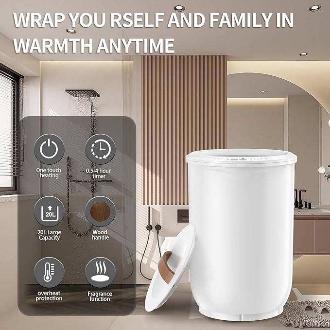 FLYHIT Large Towel Warmer for Bathroom - Heated Towel Warmers Bucket, Wood Handle, Auto Shut Off, Fits Up to Two 40"X70" Oversized Towels, Bathrobes, Blankets, for Mother's Gifts, White