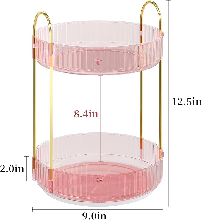 Rotating Makeup Organizer Countertop,Skincare Organizers,Spinning Perfume Tray Stand,Makeup Storage Organizer for Vanity,Bathroom Organizer and Storage,Lazy Susan,2 Tier,Pink