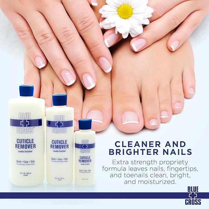 Cuticle Remover & Softener Liquid for Nails – Blue Cross Professional Nail Care with Lanolin, Hydrating Treatment for Dry Cuticles & Hangnails, Made in USA, 32oz