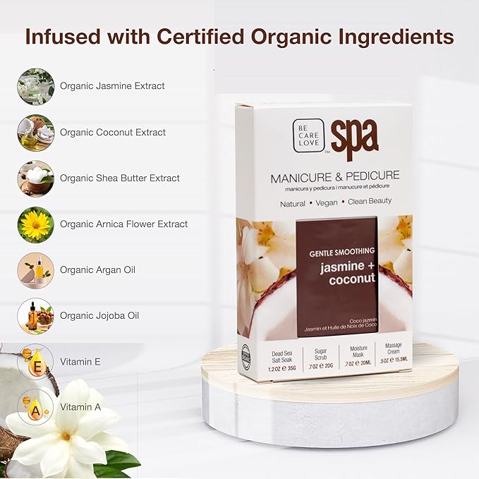 BCL Spa Jasmine + Coconut Professional Pedicure Kit Foot Spa Set – Exfoliate, Hydrate & Refresh Skin | Dead Sea Salt Soak, Sugar Scrub, Moisture Mask & Massage Cream | Professional & Home Uses