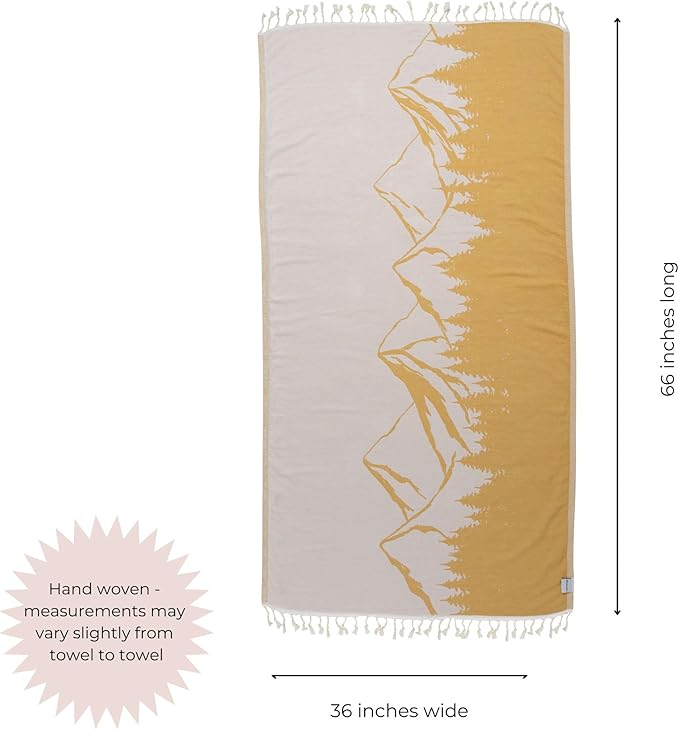 InfuseZen Turkish Towel with Mountain Landscape – 100% Organic Turkish Cotton - Sand Free Quick Dry Beach Peshtemal – Thin Reversible Absorbent Pool Hammam – Plus Size Gym, Travel Fouta (Mustard)
