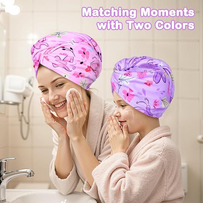 FIOBEE Microfiber Hair Towel Wrap for Kid Rapid Drying Towel Absorbent Hair Turbans for Wet Hair with Button Women Girls Long Curly Hair Pack of 2, Pink/Purple Butterfly
