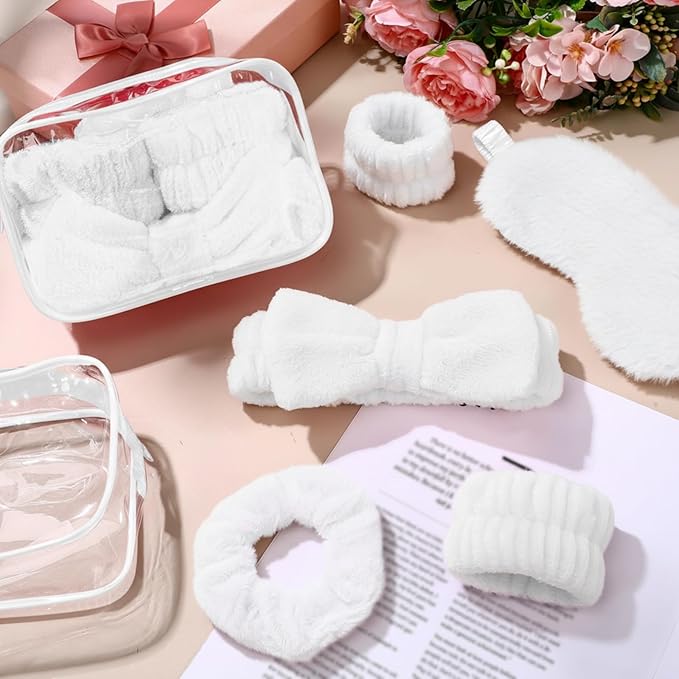 Hoteam 10 Pcs Spa Party Supplies Gift for Mother's Day Sleepover Party Favor Spa Headband Wristband Sleep Eye Mask Velvet Scrunchies for Skin Care Makeup Slumber Night Favor(White)