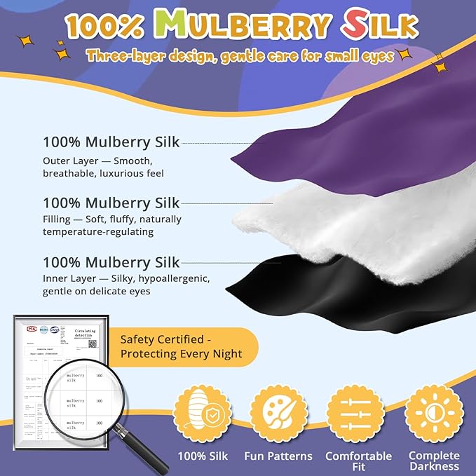 Silk Kids Sleep Mask: 100% Mulberry Silk Eye Mask, Sleeping Masks with Adjustable Strap, Soft & Light-Blocking Printed Kid Eye Cover for Boys Girls Teens Aged 5-15 (Horse Theme)