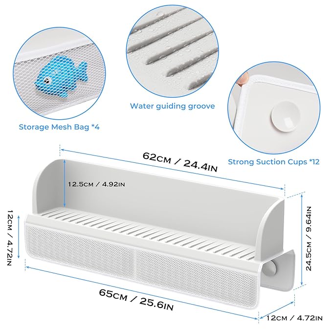 Splash Guard for Bathtub Kids,Toy Tray Caddy Holder Storage,Bath Toy Storage Bag,Guard for Bathtub with Mesh Bathtub Toys Storage,Super Adsorption - Extended Design for Splash Protection,Silicone,Gray