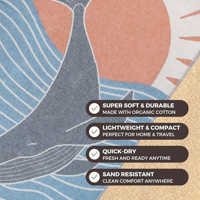 FESHKA Sand Free Turkish Beach Towel (37 x 67) Quick Dry Bath Towel, Oversized Beach Blanket, Lightweight for Travel - Made with 100% Organic Turkish Cotton - Happy Whale