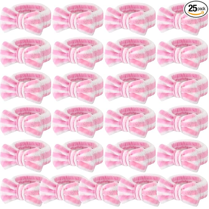 25 Pcs Spa Headband Bulk Makeup Headbands for Washing Face Cute Bow Hairbands Soft Coral Fleece Hairbands for Women Face Skin Care Makeup Spa Gift Shower Yoga (Stripe Pattern,Pink)