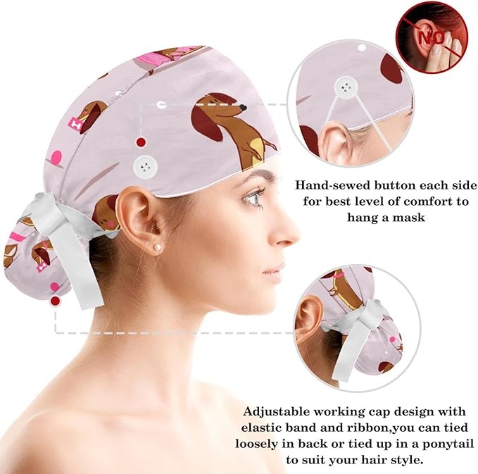 Ethnic Aztec Pattern Adjustable Scrub Cap Hat with Button, Working Hat Sweatband with Bow Hair Scrunchy for Woman